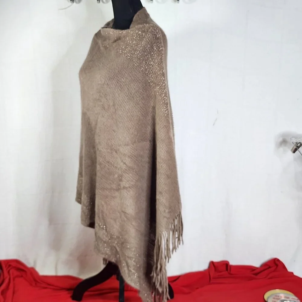Unbranded Womens Dark Tan with Gold Metallic Trim Acrylic Sweater Poncho OSFM - Picture 9 of 16